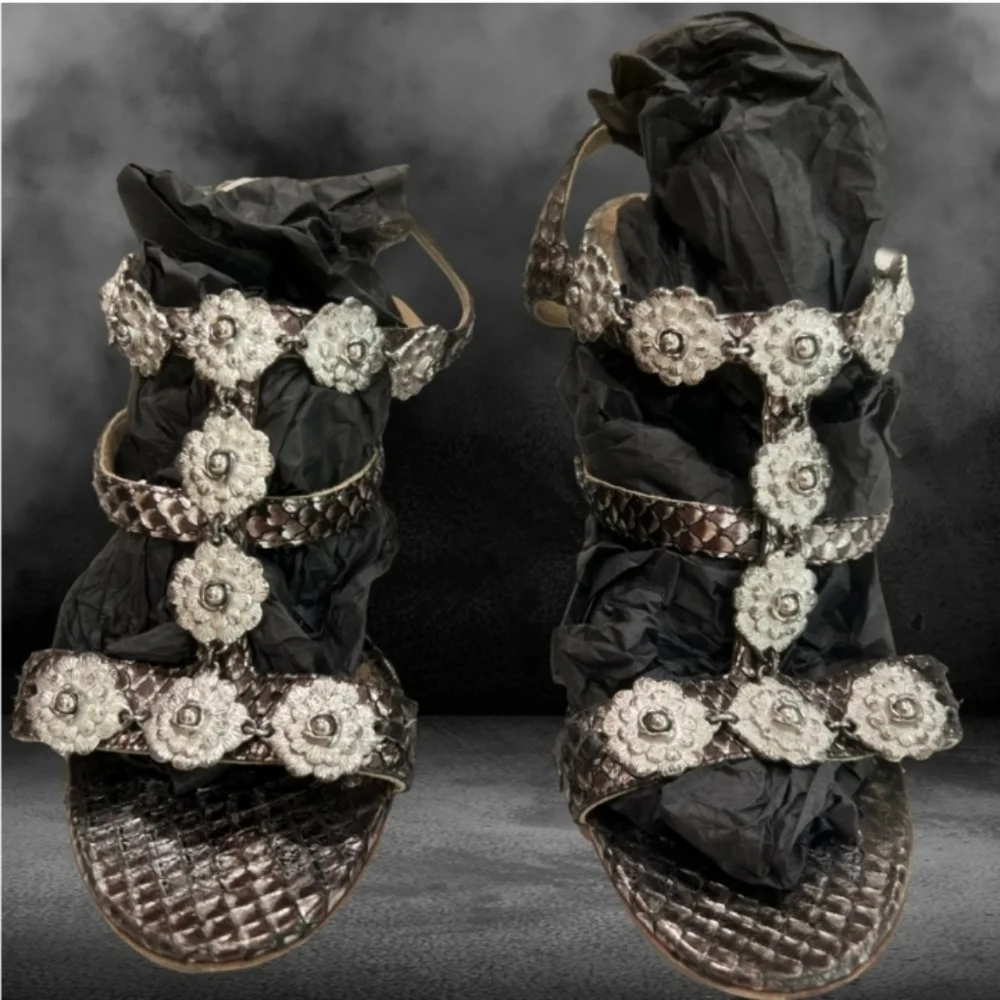 Chanel Camelia Python Leather Wedge Sandals Size 39